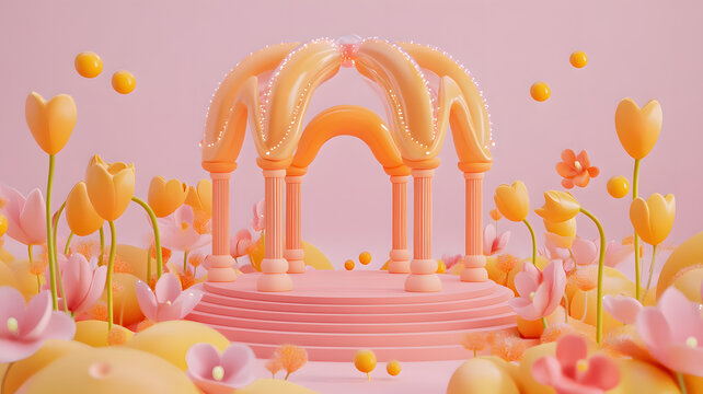 粉色和橙色3D渲染的花園拱門(mén)