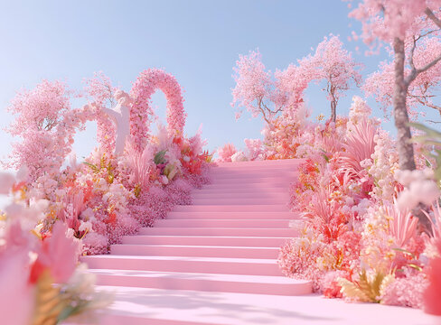 粉色的花拱門(mén)和樓梯，搭配櫻花樹(shù)