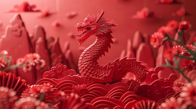 紅色的剪紙龍在紅色的背景