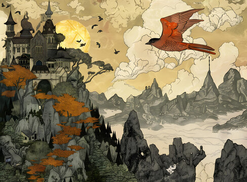 夢(mèng)幻城堡與飛鳥的奇幻景觀