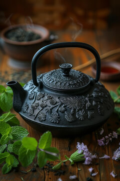 鑄鐵茶壺與綠茶葉和薰衣草