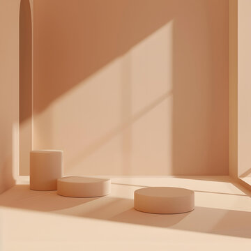 簡約風格三層圓柱形平臺3D渲染，陽光照射下的室內(nèi)場景