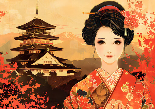 身著和服的日本女性，背景是寶塔和山