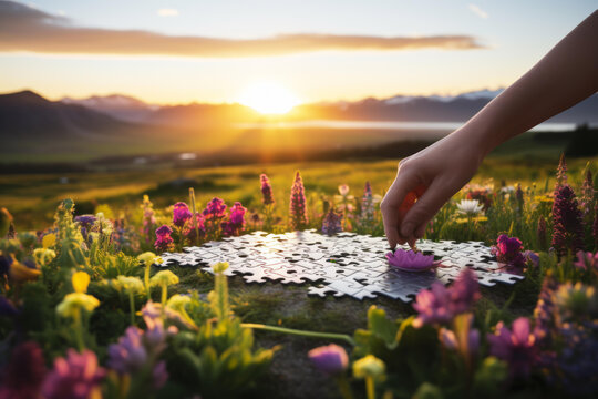 夕陽下在花草地上拼圖的人的手