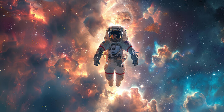 身穿宇航服的宇航員在浩瀚的太空中漂浮