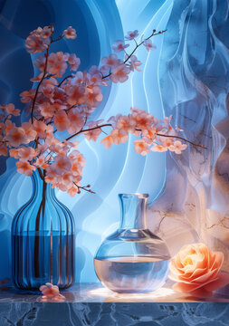 藍(lán)色背景下花瓶里的花朵