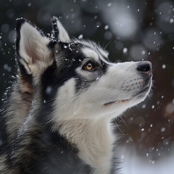 西伯利亞哈士奇在雪中仰望