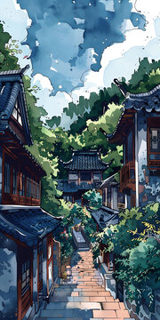 中國胡同水彩畫插圖