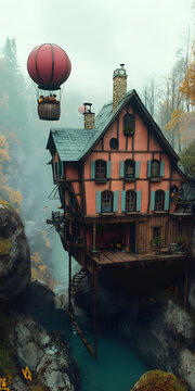 懸崖邊上的夢(mèng)幻小屋，熱氣球飛過(guò)
