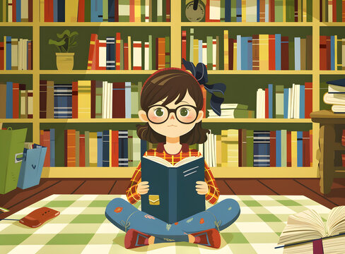 女孩在圖書館里看書