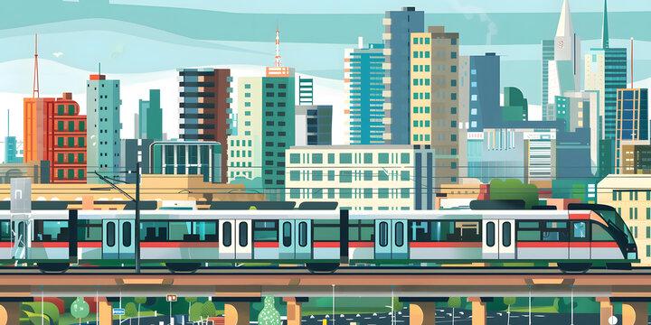 現代化城市天際線與高架軌道上的火車