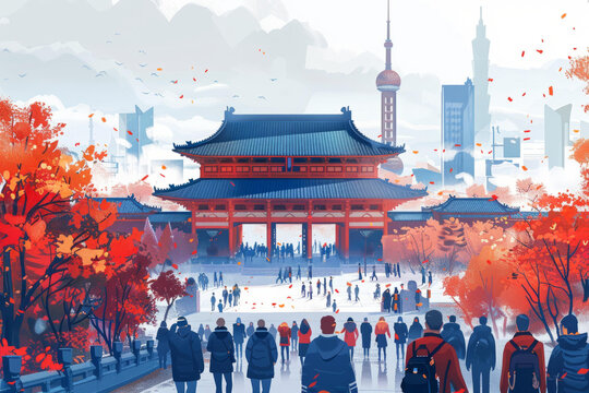 秋游北京天壇的游客們