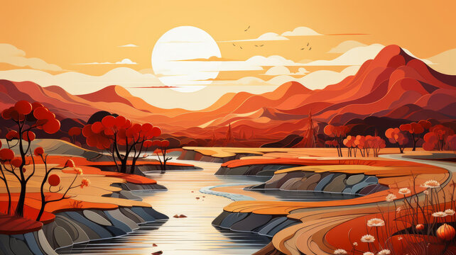 寧靜的秋日河流風景插圖