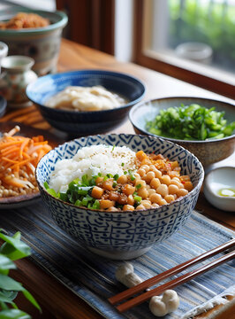 一碗米飯，配有鷹嘴豆、胡蘿卜和蔥花