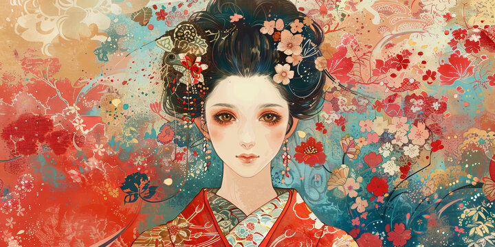 身穿紅色和服的美麗日本藝伎，頭上插著櫻花