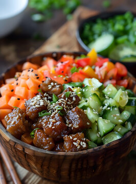 日式照燒雞肉蔬菜沙拉木碗特寫