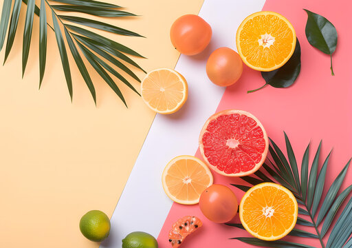 夏日水果背景圖，棕櫚葉和柑橘類水果