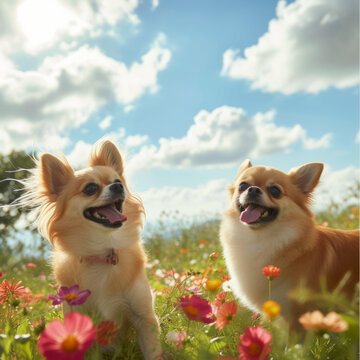 兩只吉娃娃犬在花田里玩耍