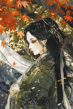 紅葉飄落，綠衣女子