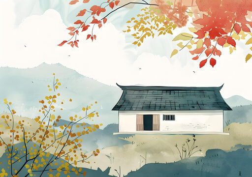 水彩畫傳統(tǒng)亞洲房屋風(fēng)景