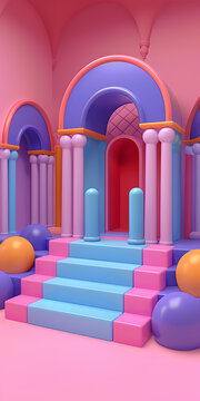 3D卡通渲染彩色樓梯拱門建筑抽象背景