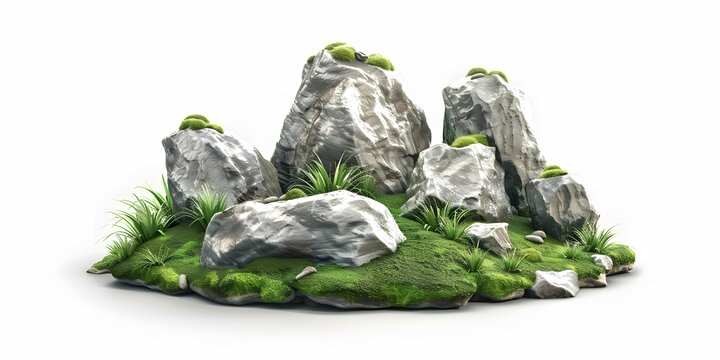 帶青苔和草的巖石3D渲染圖