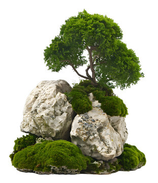[免摳素材]苔蘚覆蓋的白石上的綠色樹木