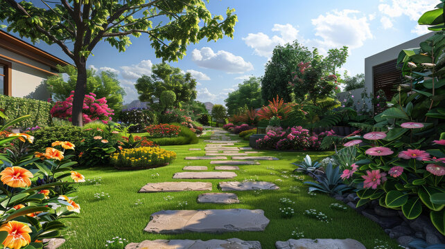 色彩斑斕的花園與石板小路