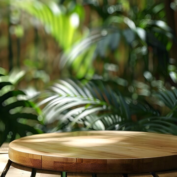 綠色植物背景下的木質(zhì)桌面