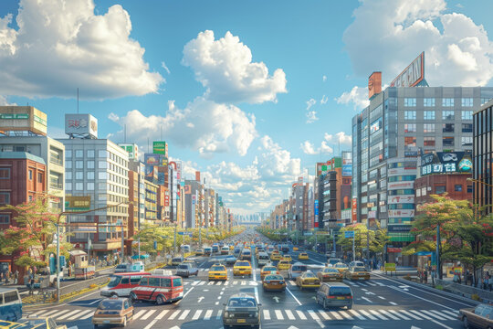繁華都市街道，車水馬龍，人來人往