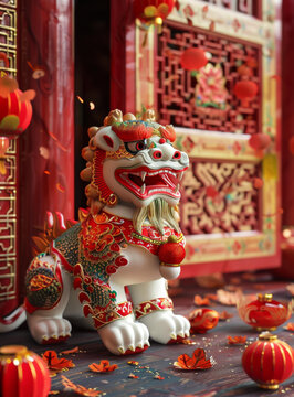 一只中國石獅子擺放在一扇中國傳統(tǒng)的大門前