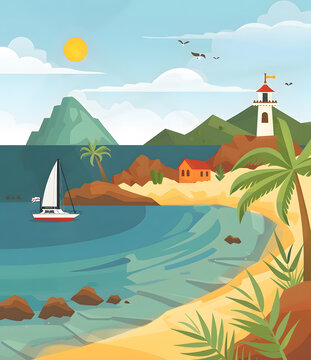 棕櫚樹和燈塔的海濱夏日風景