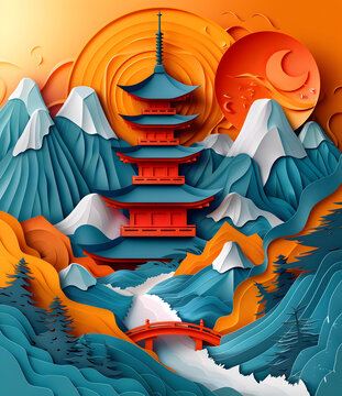 紙藝剪紙風(fēng)格日本佛塔山川橋梁景觀
