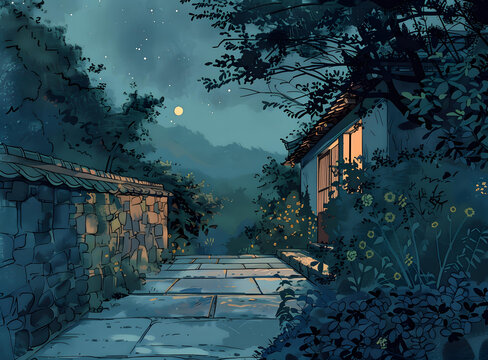 日式庭院的月夜