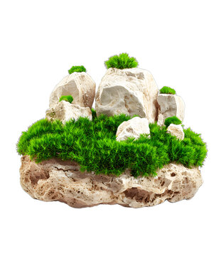 [免摳素材]白色背景上的綠色草地和巖石