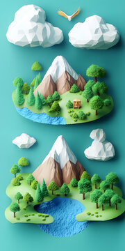 低多邊形紙藝山地景觀