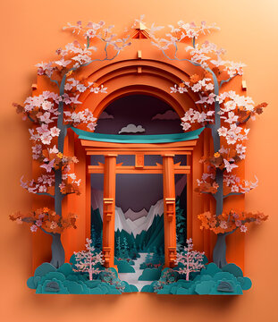 剪紙鳥居與櫻花
