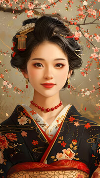 身穿和服的美麗日本女人的肖像，她的頭發(fā)和周圍環(huán)繞著紅色和粉紅色的花朵