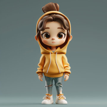 一個穿著黃色連帽衫的可愛女孩的插圖