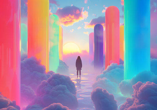 女子站在云層之上的彩色柱子中