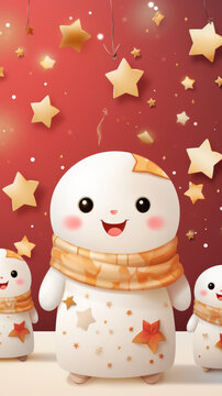 三個(gè)可愛(ài)卡通人物，身上帶有星星和葉子圖案，圍著橙色圍巾