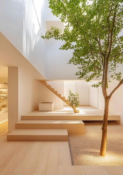 極簡現(xiàn)代住宅室內(nèi)設(shè)計，樹木與木質(zhì)樓梯