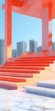 極簡主義建筑，大理石樓梯和城市天際線