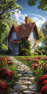 鮮花環(huán)繞的石頭小屋
