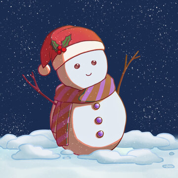 冬天圣誕帽雪人可愛插畫