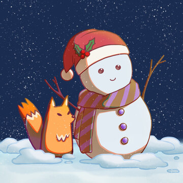 雪人和狐貍插畫多圖層可拆分