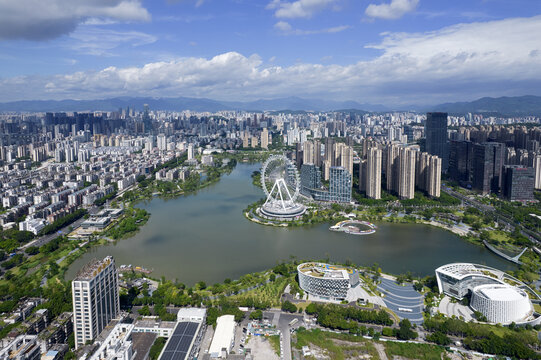 福州晉安湖摩天輪航拍城市風光