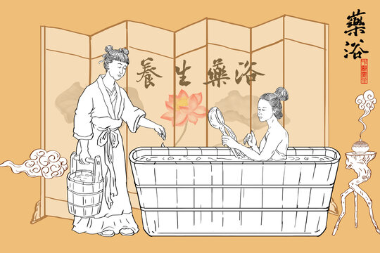 中醫(yī)藥浴手繪插畫