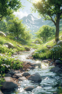 山區(qū)河流旁的樹木和鮮花