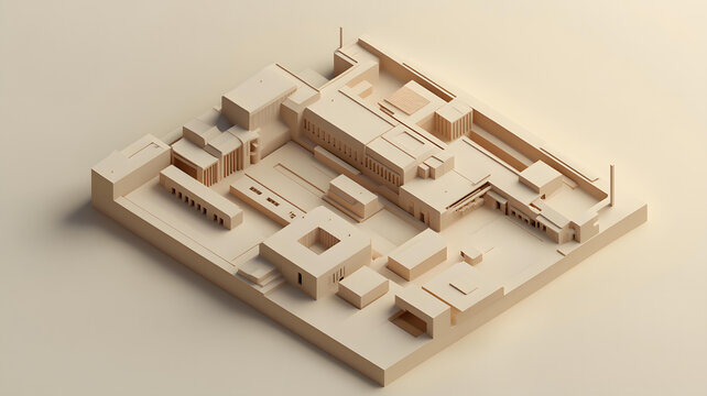 極簡風格建筑3D渲染，簡單形狀，淺色調(diào)
